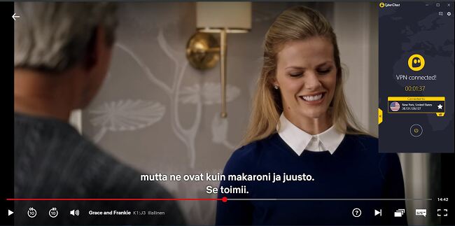 Kuvakaappaus CyberGhostista, joka on kytketty yhdysvaltalaiseen palvelimeen "Grace and Frankie" -lähetyksellä Yhdysvaltain Netflixissä