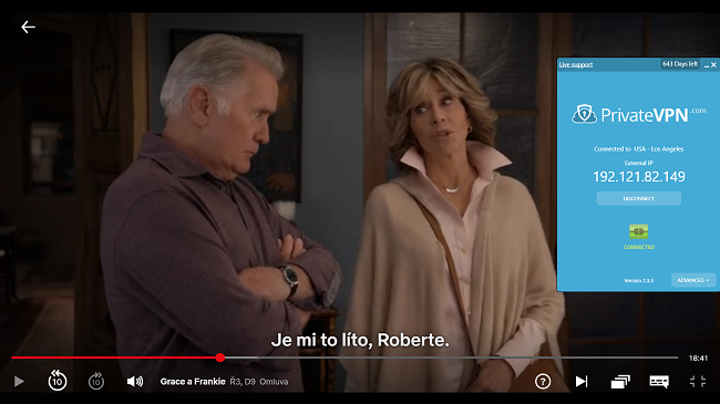 Screenshot z PrivateVPN připojeného k americkému serveru s Grace a Frankie streamovanými na Netflix USA