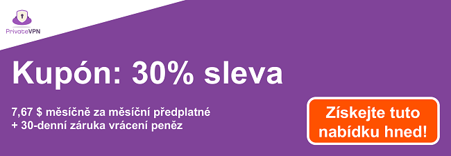 Grafika fungujícího kupónu PrivateVPN na 1měsíční předplatné za 7,67 $ a 30denní záruku vrácení peněz