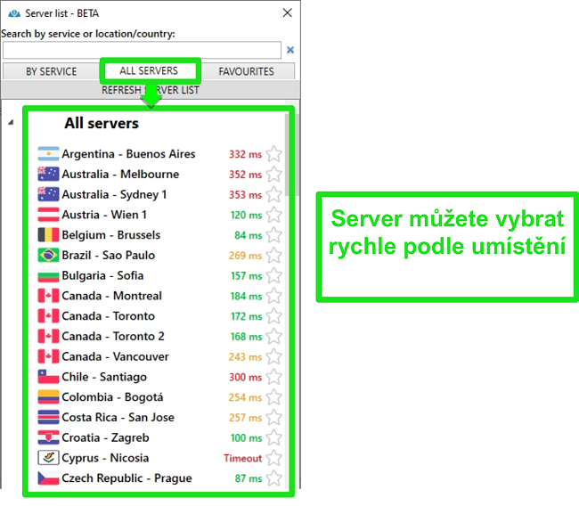 Screenshot umístění serverů PrivateVPN v seznamu „Všechny servery“