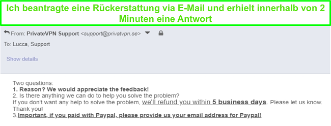 Screenshot von PrivateVPN, der schnell auf meine Rückerstattungsanfrage per E-Mail reagiert