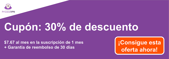 Gráfico de un cupón de PrivateVPN en funcionamiento para una suscripción de 1 mes por $ 7.67 y una garantía de devolución de dinero de 30 días