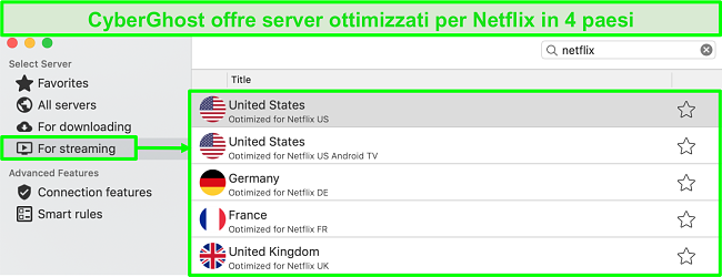 Schermata dell'interfaccia dell'app CyberGhost che mostra i server ottimizzati per lo streaming di Netflix
