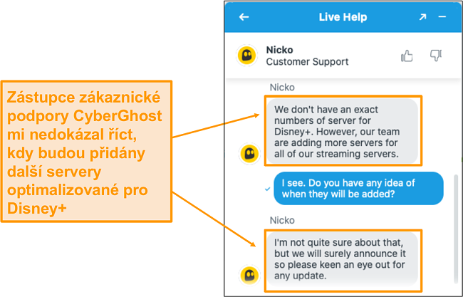 Live chat s agentem zákaznické podpory CyberGhost.