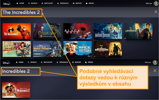 Úžasňákovi 2 a Úžasňákovi 2 dávají různé výsledky vyhledávání na Disney+.