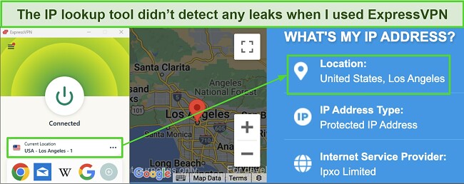 Screenshot of IP lookup tool showing no leak when ExpressVPN is connected to a server in Los Angeles