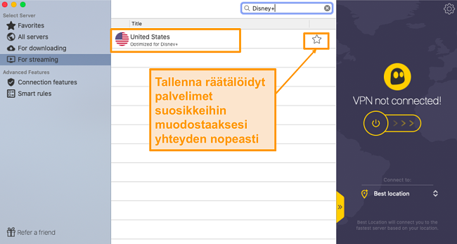 CyberGhostilla on disney+-suoratoistoon omistautuneita palvelimia. Voit muodostaa yhteyden t&auml;h&auml;n palvelimeen heti tallentamalla sen suosikkiluetteloosi.