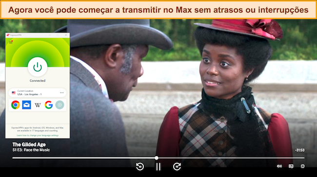 Captura de tela de The Gilded Age jogando no Max enquanto a ExpressVPN está conectada a um servidor nos EUA