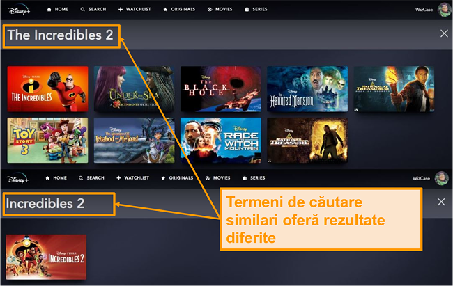 Incredibles 2 și The Incredibles 2 oferă rezultate diferite de căutare pe Disney+.