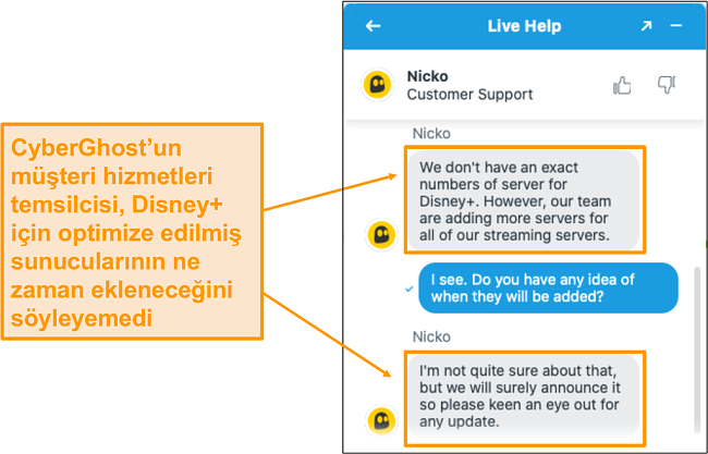 CyberGhost m&uuml;şteri destek acentesi ile canlı sohbet.