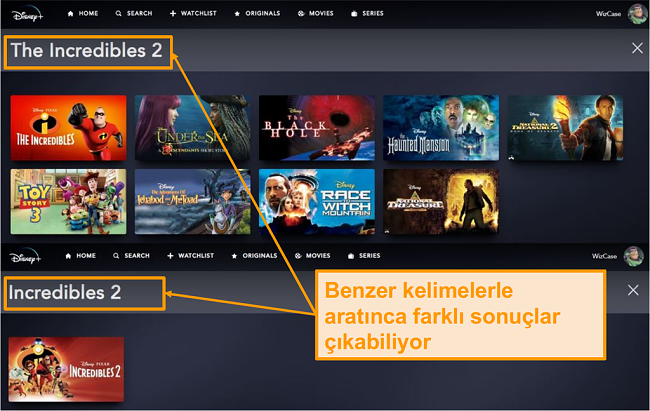 Incredibles 2 ve The Incredibles 2, Disney+'ta farklı arama sonu&ccedil;ları veriyor.