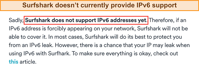 Screenshot of Surfshark's statement on its website that it doesn't support IPv6