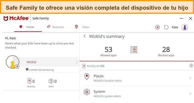 Captura de pantalla de la funci&oacute;n de control parental de McAfee Safe Family vinculada a un iPhone