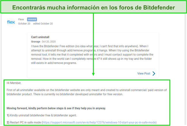 Captura de pantalla de un hilo del foro de la comunidad de Bitdefender.