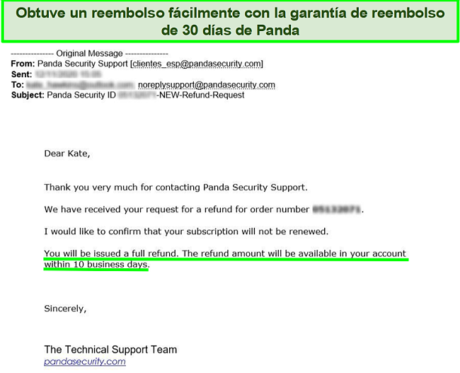 Correo electrónico que muestra el reembolso completo aprobado por Panda antivirus con la garantía de devolución de dinero de 30 días