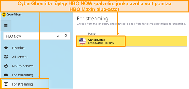 Kuvakaappaus CyberGhostin HBO Now -palvelimesta, joka myös poistaa HBO Max -sovelluksen