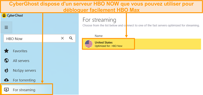 Capture d'écran du serveur HBO Now de CyberGhost qui débloque également HBO Max