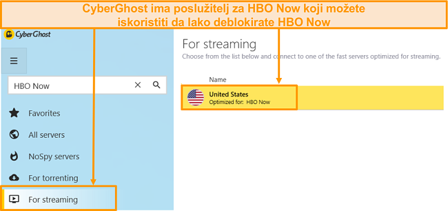 Snimka zaslona CyberGhost-ovog HBO Now servera koji također deblokira HBO Max