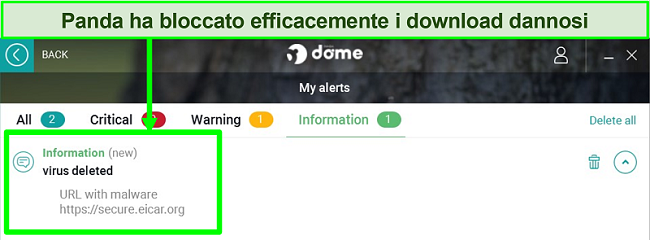 Screenshot della sezione "I miei avvisi" di Panda con un avviso informativo evidenziato.