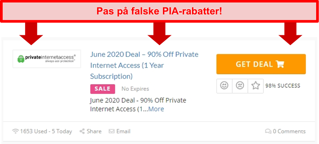 Skærmbillede af en falsk privat internetadgang, der tilbyder 90% rabat