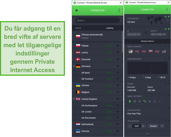 Skærmbillede, der viser den private Internet Access-serverliste, mens den er tilsluttet den amerikanske østserver