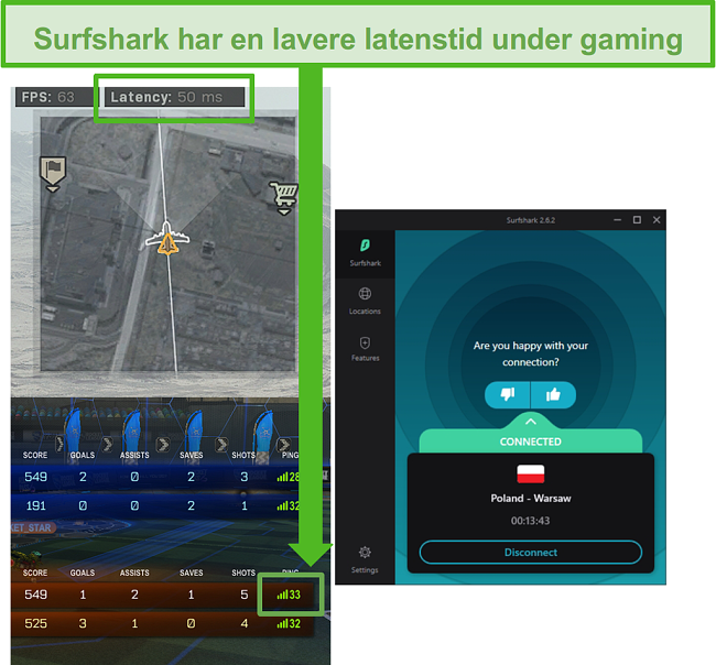 Skærmbillede af Surfshark har den laveste forsinkelse