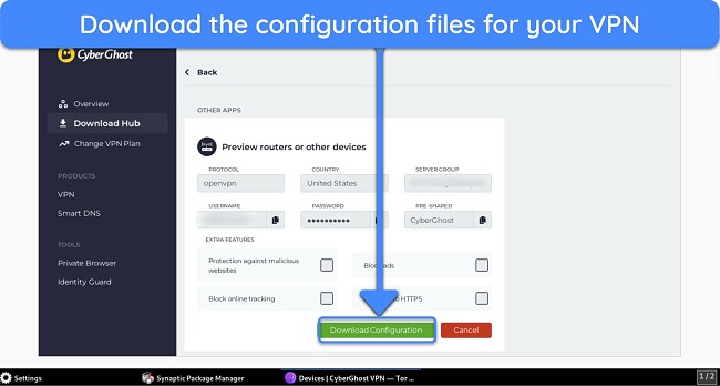 Screenshot showing how to download configuration files from CyberGhost's website