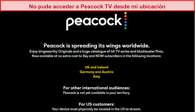Mensaje de error de Peacock fuera de EE. UU.
