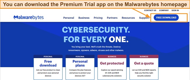 Malwarebytes free download button screenshot
