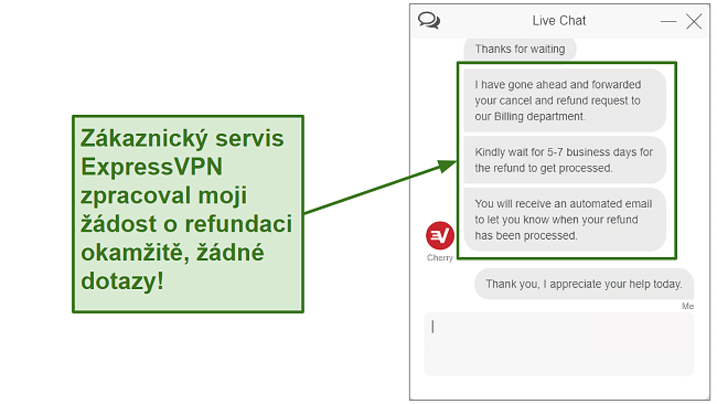 Screenshot of ExpressVPN customer support processing refund quickly CS