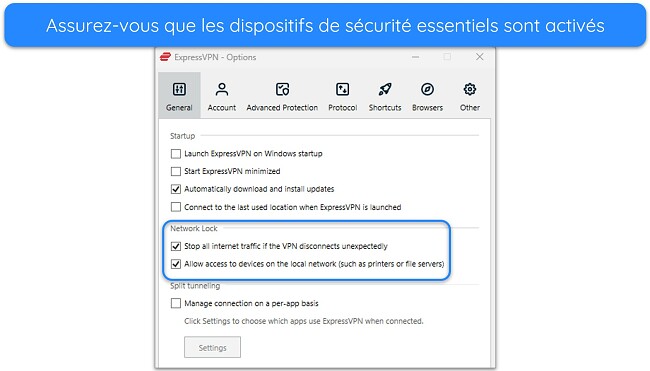Image de l'application Windows d'ExpressVPN, montrant les options de verrouillage réseau activées