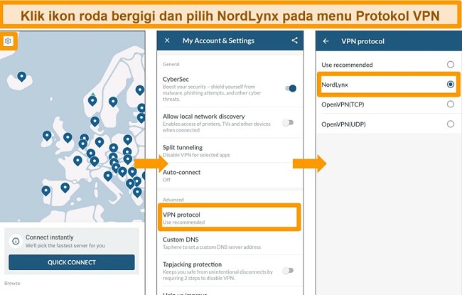 Tangkapan layar aplikasi NordVPN dan pengaturan Protokol VPN di Android