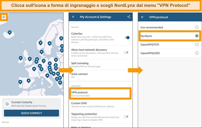 Screenshot dell'app NordVPN e delle impostazioni del protocollo VPN su Android