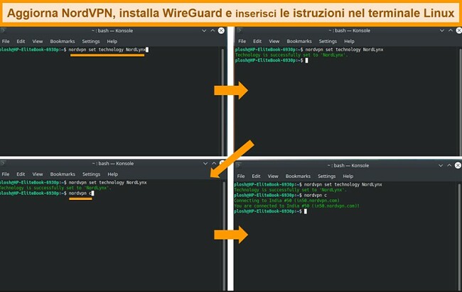 Screenshot dell'app NordVPN Linux e delle impostazioni del protocollo VPN