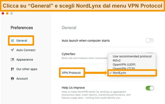 Screenshot dell'app NordVPN e delle impostazioni del protocollo VPN su MacOS