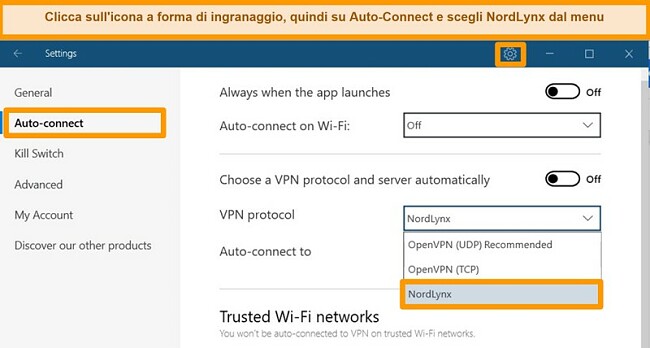 Screenshot dell'app NordVPN e delle impostazioni VPN su Windows