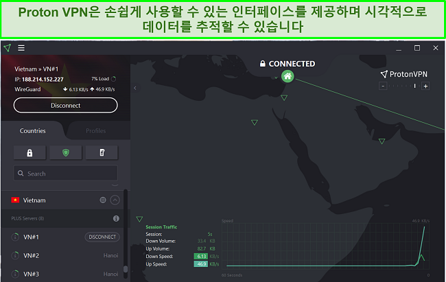 ProtonVPN의 사용자 인터페이스 스크린샷