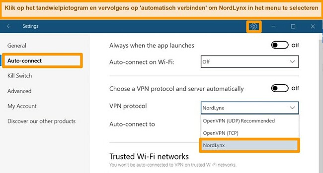 Screenshot van NordVPN-app en VPN-instellingen op Windows