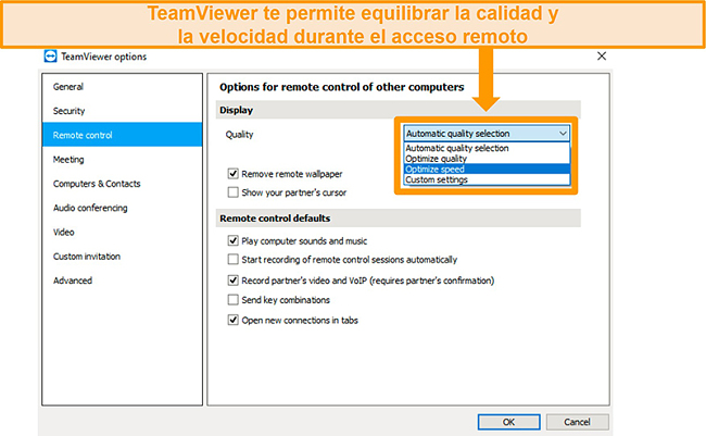 Captura de pantalla de las opciones de acceso remoto de TeamViewer y "Optimizar velocidad" resaltada en el menú desplegable de selección de calidad