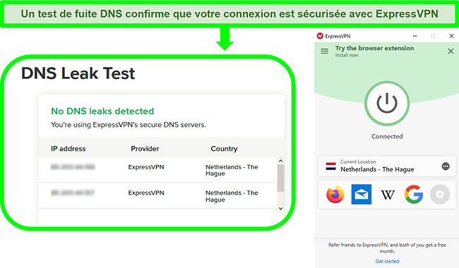 Capture d'écran d'un test de fuite DNS alors qu'ExpressVPN est connecté à un serveur aux Pays-Bas