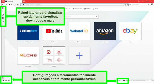 Captura de tela da página inicial do Vivaldi com alguns recursos destacados e anotados