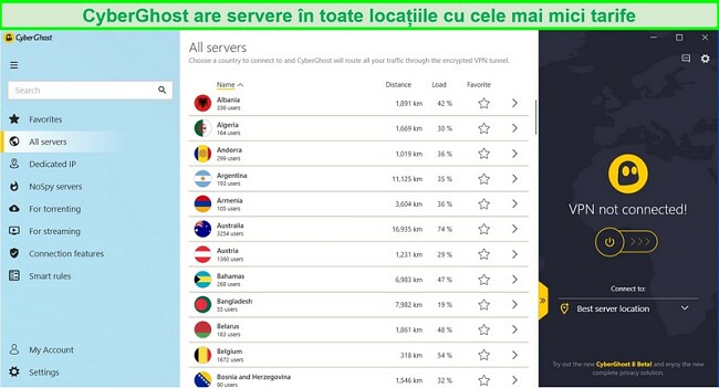 Captură de ecran a listei de servere disponibile a CyberGhost