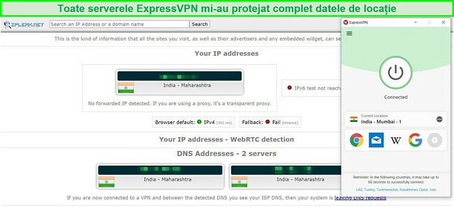  Captură de ecran a unui test de scurgere IP și DNS pe serverul ExpressVPN din India