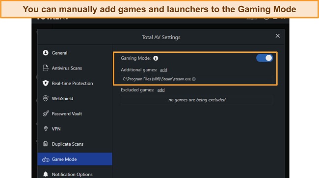 Screenshot showing TotalAV's Gaming Mode settings options