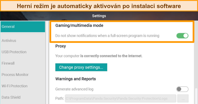 Screenshot polohy herního režimu Pandy v Obecných nastaveních.