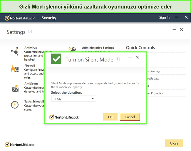 Norton LifeLock'un Sessiz Mod özelliğinin ekran görüntüsü