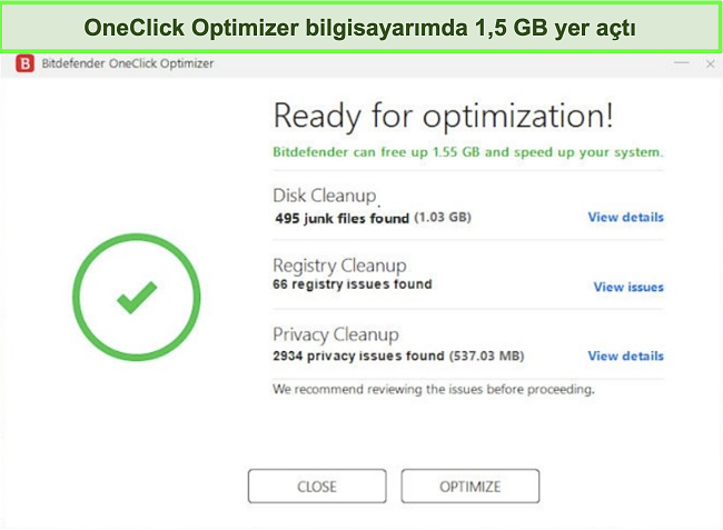 Bitdefender'ın OneClick Optimizer aracının ekran görüntüsü