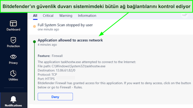 Bitdefender'ın güvenlik duvarının bağlantıya izin verdiğini gösteren ekran görüntüsü