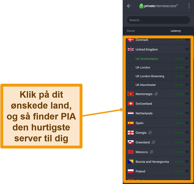 Skærmbillede af PIA's serverliste