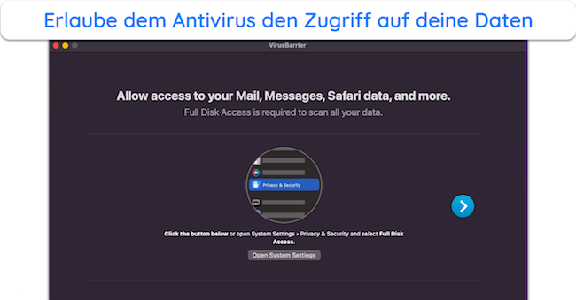 Screenshot von Intego, das nach vollständigem Festplattenzugriff fragt